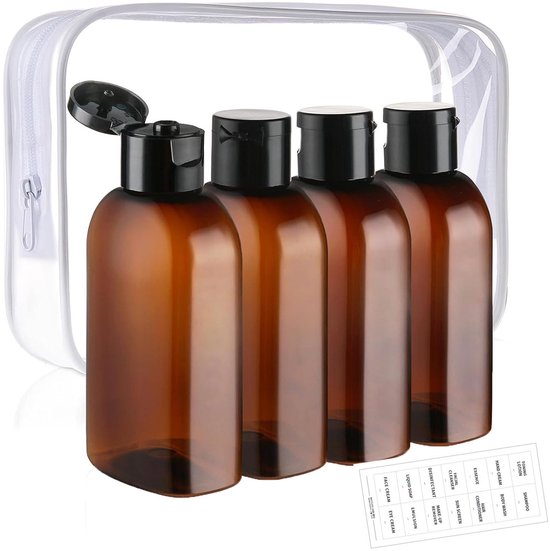 IMPERATORIS® Reisflesjes Set met etiket en opbergtas - Navulbare Flesjes - Voor Shampoo en Lotion - Kunststof - Set van 4 - 100 ml - Transparant van imperatoris