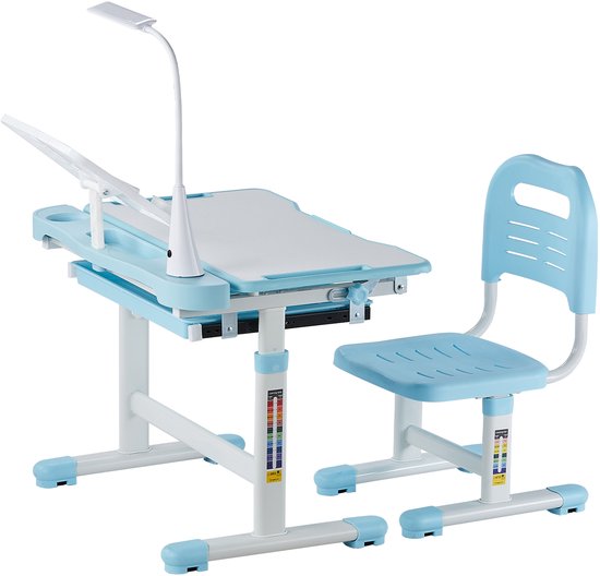In hoogte verstelbare bureauset voor kinderen met werktafel en stoel (53-71 cm), belastbaar tot 100 kg, inclusief tafellamp en kantelbaar tafelblad (0-40°) in blauw van Merkloos