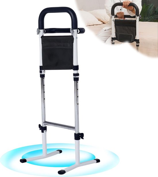 In hoogte verstelbare senioren opstahulp met armleuningen en opbergtas van AssistRails.