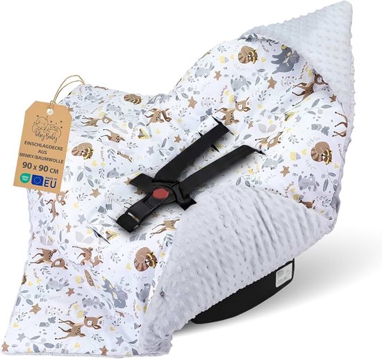 Inbakerdeken voor autostoel en kinderwagen – zachte Minky babydeken dubbelzijdig met capuchon voor pasgeborenen – Hele jaar bruikbaar onderweg en thuis 90×90 cm Hert lichtgrijs Oeko-Tex