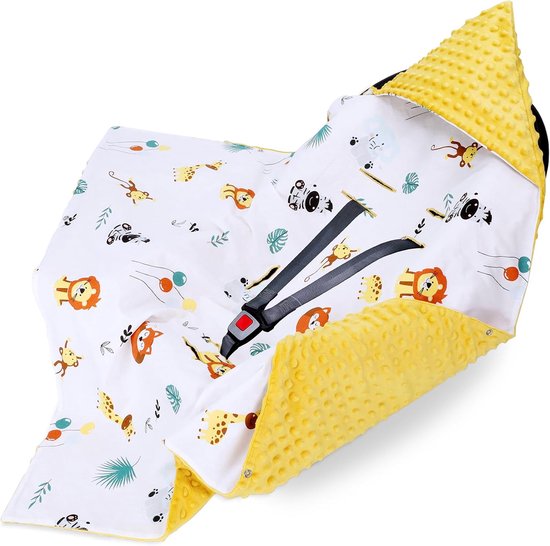 Inbakerdeken voor autostoel en kinderwagen – zachte Minky babydeken dubbelzijdig met capuchon voor pasgeborenen – Hele jaar bruikbaar onderweg en thuis 90×90 cm Safari-toffee Oeko-Tex