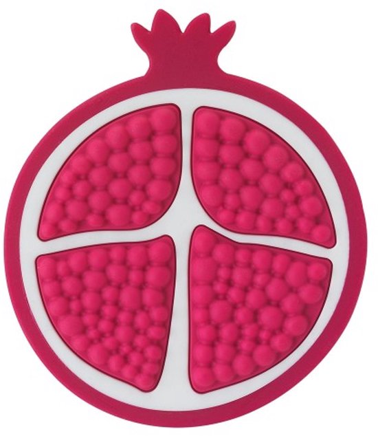 Infantino siliconen bijtspeeltje granaatappel roze wit baby.
