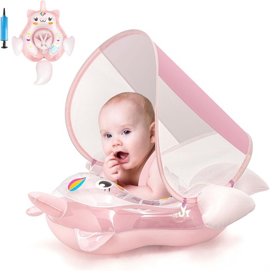 Inflatable Baby Swimming Float - Baby Pool Float voor 3-12 Maanden - Baby Meisje met Zonnescherm - Opblaasbare Baby Zwemring voor Peuters en Kinderen (Roze Eenhoorn) van Merkloos