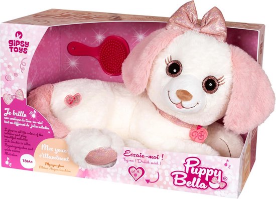 Interactieve knuffelhond Bella – 30 cm – roze/wit – met licht en muziek – inclusief borstel in cadeaudoos