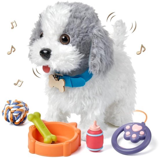 Interactieve Knuffelhond die Loopt en Blaft - Elektronische Puppy met Riem & Accessoires - Wandelende Speelgoedhond met Likfunctie & Geluid - Cadeau voor Kinderen 3-7 Jaar - Bruin Pluche