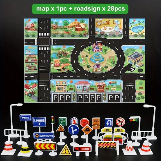Interactieve Stadsspeelset met Verkeerskaart (83x57 cm) en 28 Verkeersborden - Waterdicht Speelkleed - Educatief en Leerzaam Speelgoed voor Kinderen - Perfect voor Speelgoedgarage, Auto's en Stadssimulatie - Ideaal Cadeau voor Kerst, Sinterklaas van Toyfel.