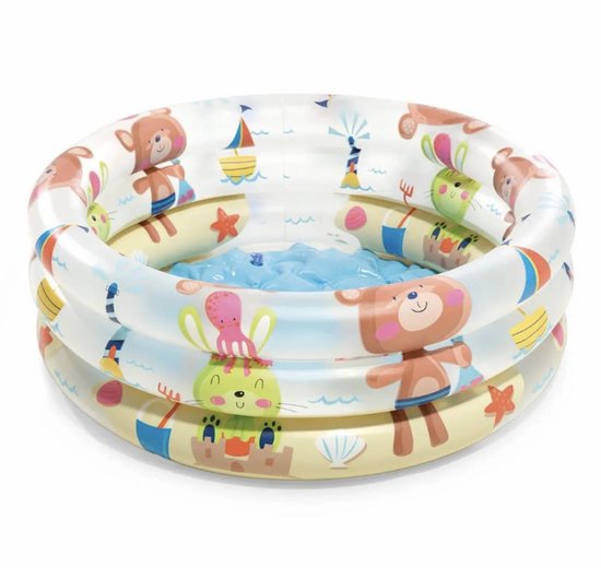 Intex Baby Bad - Maat : 61x22 - Baby Bad - Strand - Beren Badje - 3 Ring Baby Pool - Opblaaszwembad - Beach Buddies Thema - van Intex