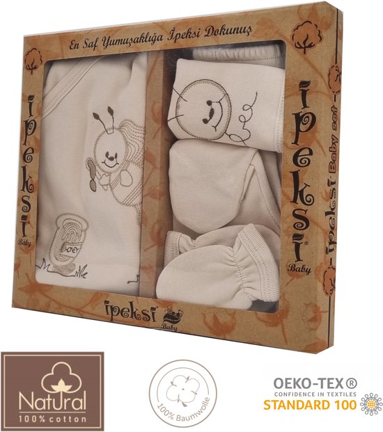 Ipeksi-Babyset voor pasgeborenen-100% natuurlijk katoen-eerste uitrusting-uniseks-cadeauset-babyuitrusting met 5-delig voor baby's van 0-4 maanden van Ipeksi