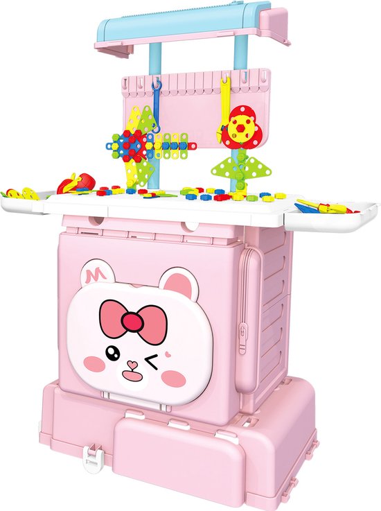 IQ Speelgoed Bouwtafel-Alles-in-1 speeltafel-258 delige kinderen werktafel-werktafel kinderen-activiteiten tafel-Educatief speelgoed 3jaar-Bouwenset-Speelgoed IQ-Roze-Meisje speelgoed-Puzzel tas-Puzzel koffer van IQ Speelgoed