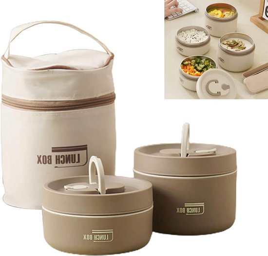 Isolatie Lunchtrommel - Stapelbare Voedselcontainer - Warm Eten Meenemen - Lekvrij & Geurvrij - 2 Laags 21 Oz - Bruin