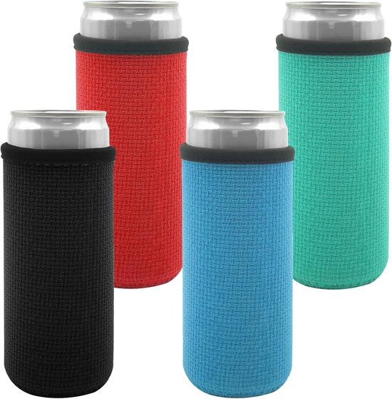 Isolerende Neopreen Koelhoezen voor Slimme Blikjes tot 330ml - 4 Stuks, Antislip Can Cooler voor Bier en Dranken - Zwart, Rood, Groen, Blauw