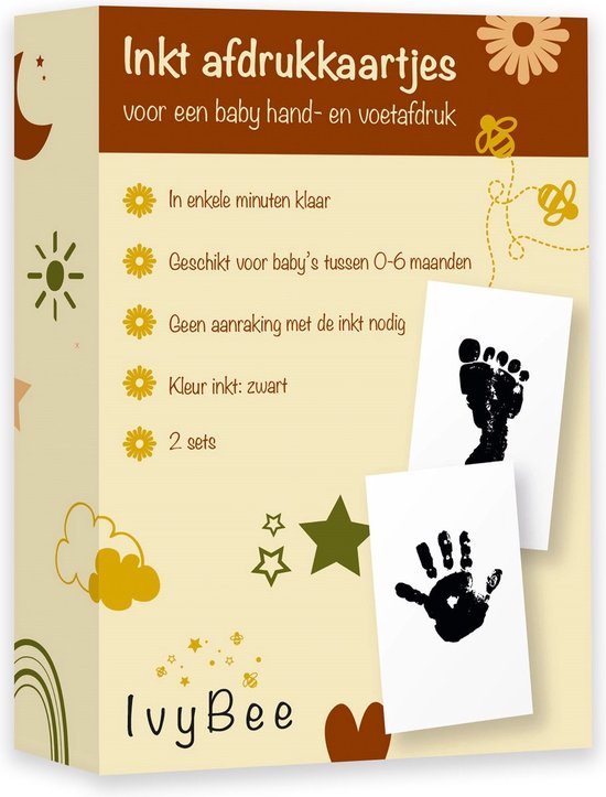 IvyBee 2 stuks Baby Voetafdruk en Handafdruk Zwart Inktafdruk - Kraamcadeau Babyshower Moederdag van Merkloos
