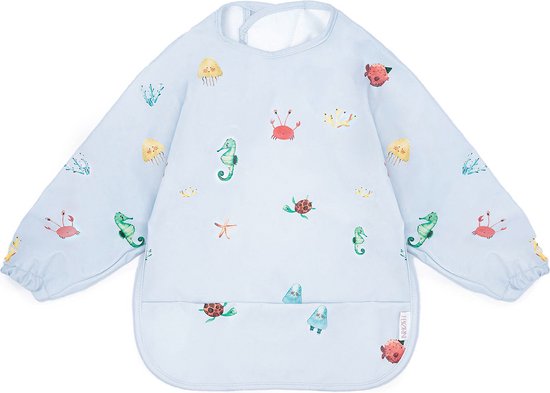 J. Børn Slabbetje Lange Mouwen met Brede Opvangbakpe (6 maanden - 2 jaar) - Peuter Kliederschort - Verfschort - Baby Slabber / Schort - Mouwslab - Mouwslabber (Ocean) van J. Børn