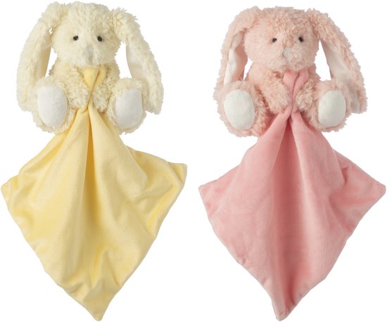 J-Line knuffelbeer Konijn Doudou - polyester - roze/geel - set van 2 van Merkloos