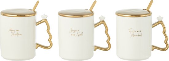 J-Line mok + lepel Kerst - keramiek - wit/goud - 3 stuks van J-Line