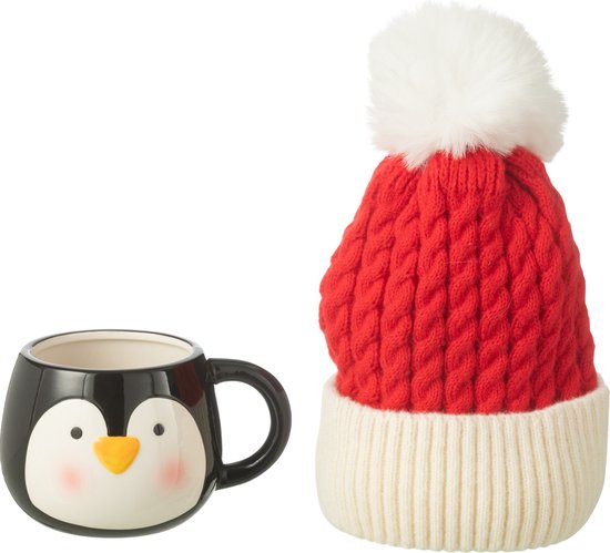 J-Line tas + muts Pinguin - keramiek - mix - giftbox - kerstversiering van J-Line
