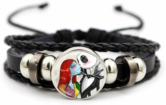 - Jack and Sally Nightmare Before Christmas Beads Adjustable Handwoven Leather Bracelet- Handwoven Leather Bracelet Braided Inspired Couple Matching Bracelets- Promise Jewelry Gifts for Women Men Lover