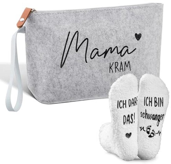 Jadive Set van 2 geschenken voor aanstaande moeder mama kram vilten make-uptas met ritssluiting antislip zwangerschapssokken voor nieuwe moeder aankondiging zwangerschap, Lichtgrijs, wit, Modieus van Merkloos