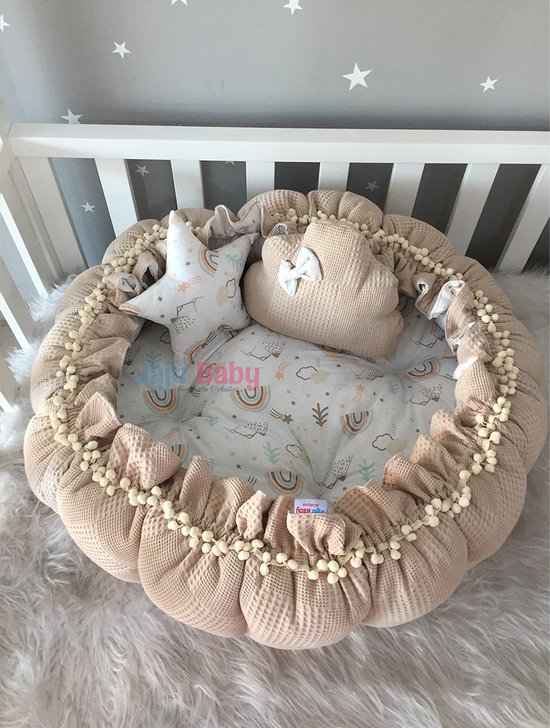 Jaju Baby - Baby Speelmat - Organische Katoen Speelkleden - Antibacterieel Speelmat - Anti-Allergisch Speelmat - Bruin en Regenboog Patroon - 120 x 120 cm van Jaju Baby