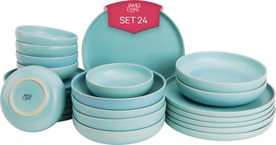 James Cooke - Serviesset - Bliss - 6 persoons - Lichtblauw - Stoneware - Bordenset - 24-delig