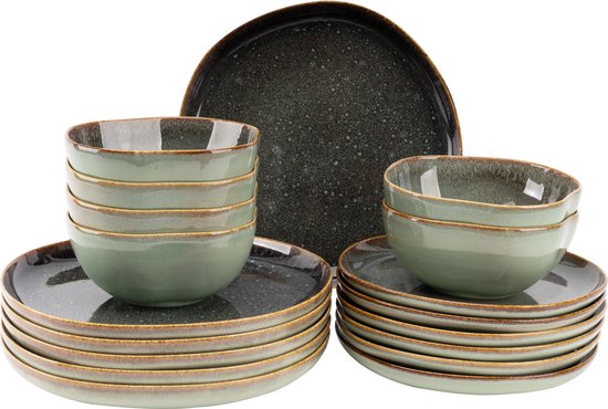 James Cooke - Serviesset - Moss - 6 persoons - Groen - Organische vorm - Stoneware - Bordenset - 18-delig