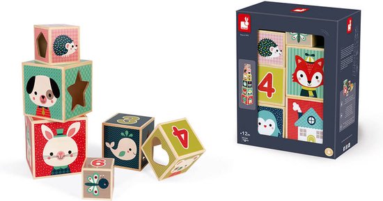 Janod Baby Forest - Houten Stapeltoren 6-Blokken Piramide - Met Schattige Illustraties - Geschikt Vanaf 1 Jaar van Janod