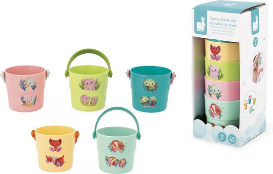 Janod Badspeelgoed - Bademmers Met Babydieren - Set Van 5 Kleurrijk Geïllustreerde Emmertjes Met Zeedieren En Cijfers - Geschikt Vanaf 10 Maanden van Janod