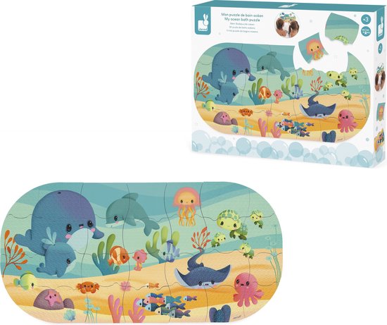 Janod Badspeelgoed - Badpuzzel Oceaan - 28 Stukjes Die Op Het Water Drijven En Aan De Tegels Kleven - Stop Alle Stukjes In Het Meegeleverde Netje En Laat Ze Opdrogen - Geschikt Vanaf 3 Jaar van Janod
