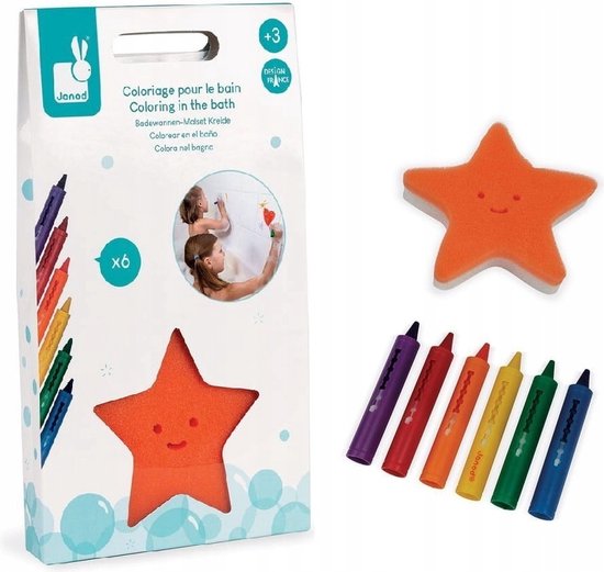 Janod Badspeelgoed - Kleuren In Bad - Potlood Om Te Kleuren In Bad - Uitwisbaar Met Bijgeleverde Spons - Een Spons En 6 Potloden - Geschikt Vanaf 3 Jaar van Janod