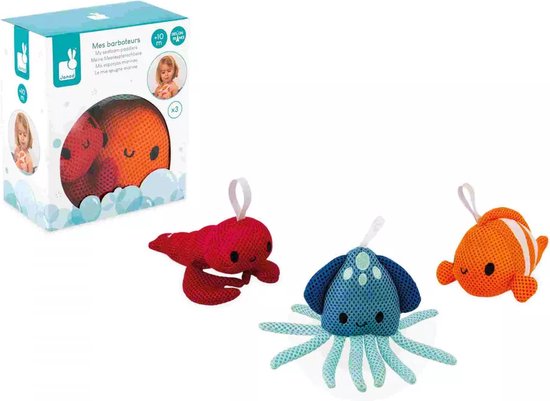 Janod Badspeelgoed - Set van 3 Badvriendjes Sponsjes Zeeschuim - De Sponsjes Schuimen Als Ze In Contact Komen Met Water En Zeep! - Geschikt Vanaf 10 Maanden van Janod