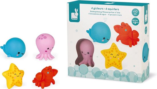 Janod Badspeelgoed - Spuitfiguur Zeedieren - 4 Verschillende Dieren - Voor Uren Badplezier! - Geschikt Vanaf 10 Maanden van Janod