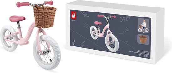 Janod Bikloon - Vintage Metaal Roze Loopfiets - Klassieke Loopfiets Van Metaal Met Opblaasbare Banden - Inclusief Leuke Mand (Imitatierotan) Die Eenvoudig Aan Het Stuur Kan Worden Vastgemaakt - Geschikt Vanaf 3 Jaar van Janod