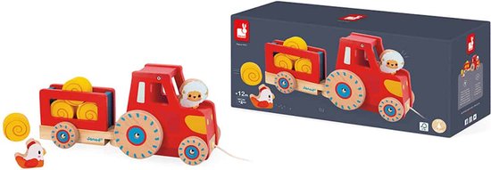 Janod - Boerderij - Houten Trekfiguur Tractor - Deze Leuke Houten Tractor Bestaat Uit Een Afneembare Aanhangwagen, 4 Strobalen, Een Kip En Een Schaap - Geschikt Vanaf 1 Jaar van Janod