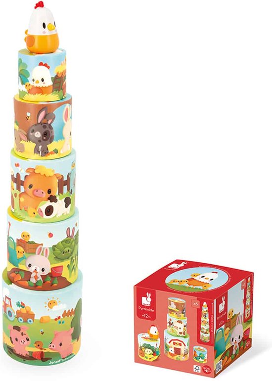 Janod Boerderij - Mijn Eerste Kippenpiramide - Stapeltoren - 5 Cilinders En 1 Houten Figuurtje Inbegrepen - Geschikt Vanaf 12 Maanden van Janod