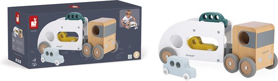 Janod Bolid - Autotransporter Met 3 Auto's - Uitgerust Met Een Afneembare Witte Aanhanger En Stille Rubberen Wielen - Gemaakt Van FSC®-Gecertificeerd Hout - Geschikt Vanaf 2 Jaar van Janod