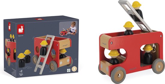 Janod Bolid - Brandweerwagen - Gemaakt Van Massief Hout - Inclusief 4 Brandweermannen En Een Afneembare Ladder - Geschikt Vanaf 2 Jaar van Janod