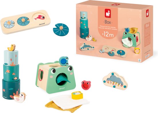 Janod - Box 12 Maanden Fijne Motoriek - Speelset - Speelgoeddoos Om De Zintuigen Te Stimuleren - Gemaakt In Samenwerking Met Een Psychomotorisch Specialist - Geschikt Vanaf 12 Maanden En Bevat 4 Stuks Speelgoed van Janod