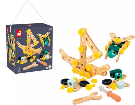 Janod Brico'Kids - Ton 100 Stuks - 100 Stukjes Om Een Heleboel Uitvindingen Te Maken! - Inclusief Modelkaarten En Ideaal Voor Het Ontwikkelen Van De Fijne Motoriek - Geschikt Vanaf 3 Jaar van Janod