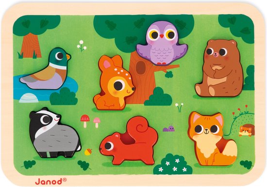 Janod Chunky Puzzel - Bosdieren - 7 Dieren Puzzelstukjes In 3D Met Een Dikte Van 1,5 Cm - Geschikt Vanaf 18 Maanden van Janod