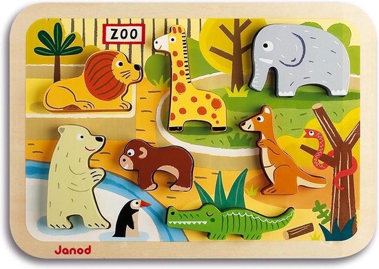 Janod Chunky Puzzel - Dierentuindieren - 7 Dieren Puzzelstukjes In 3D Met Een Dikte Van 1,5 Cm - Geschikt Vanaf 18 Maanden van Janod
