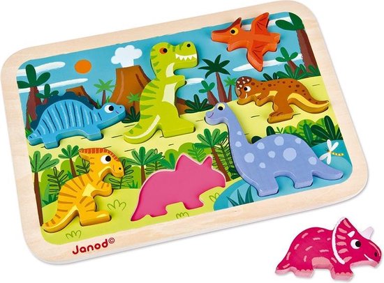 Janod Chunky Puzzel - Dinosaurus - 7 Dieren Puzzelstukjes In 3D Met Een Dikte Van 1,5 Cm - Geschikt Vanaf 18 Maanden van Janod