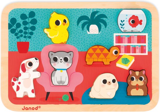 Janod Chunky Puzzel - Huisdieren - 7 Dieren Puzzelstukjes In 3D Met Een Dikte Van 1,5 Cm - Geschikt Vanaf 18 Maanden van Janod