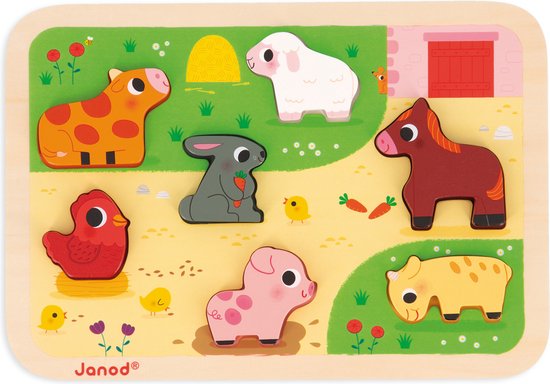 Janod Chunky Puzzel - Op De Boerderij - 7 Dieren Puzzelstukjes In 3D Met Een Dikte Van 1,5 Cm - Geschikt Vanaf 18 Maanden van Janod