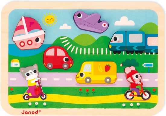 Janod Chunky Puzzel - Voertuigen - 7 Dieren Puzzelstukjes In 3D Met Een Dikte Van 1,5 Cm - Geschikt Vanaf 18 Maanden van Janod