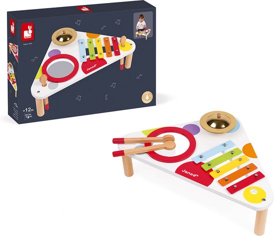 Janod Confetti - Muziektafel - Voor Kleine Muzikanten! - 3 Instrumenten Inbegrepen - Op 3 Poten Voor Meer Stabiliteit - Geschikt Vanaf 1 Jaar van Janod