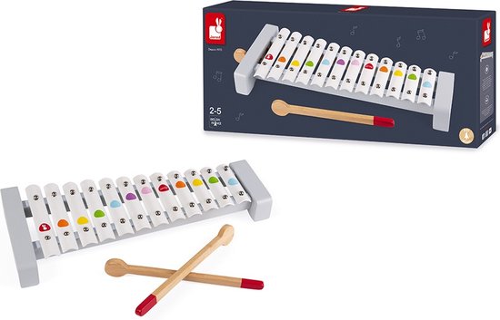 Janod Confetti - Xylofoon Metaal - Houten Xylofoon Met 12 Ferric Stukken En 2 Stokjes - Voor Kleine Muzikanten! - Geschikt Vanaf 2 Jaar van Janod