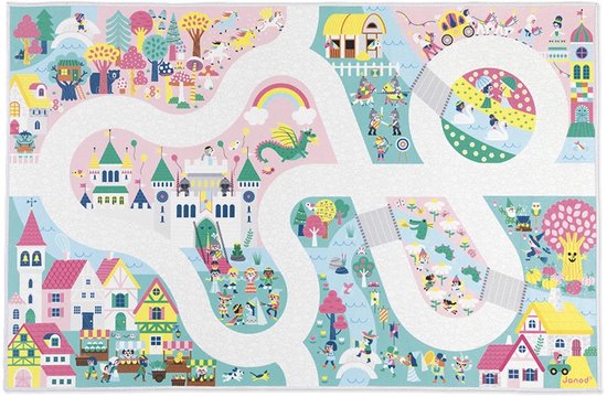 Janod Cross Roads - Speelmat Het Betoverde Koninkrijk - 120 x 78 cm Antislip Speeltapijt - Met Circuit, Om Met Je Kleine Autootjes Door Het Koninkrijk Te Rijden - Geschikt Vanaf 2 Jaar van Janod