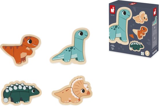 Janod Dino - 4 Houten Dino Puzzels - Puzzels Met Een Verschillend Aantal Stukjes: Van 2 Tot 5 Stukjes - Geschikt Vanaf 18 Maanden van Janod