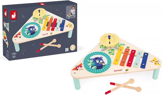 Janod Gioia - Houten Muziektafel - Bestaat Uit 3 Instrumenten: Een Trommel, Een Cimbaal En Een Metalen Xylofoon Met Vijf Tonen - Geschikt Vanaf 1 Jaar van Janod