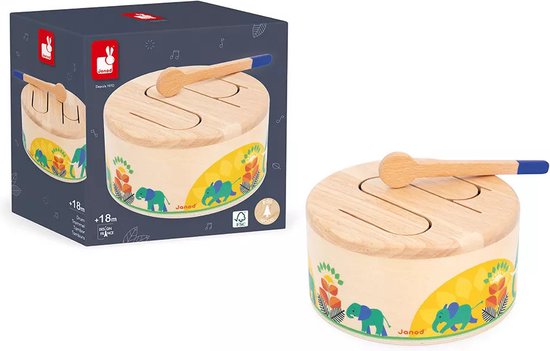 Janod Gioia - Trommel - Houten Babytrommel Om Het Ritmegevoel Te Ontwikkelen - Met Prachtige Illustraties: De Avonturen Van Een Jonge Olifant - Geschikt Vanaf 18 Maanden van Janod